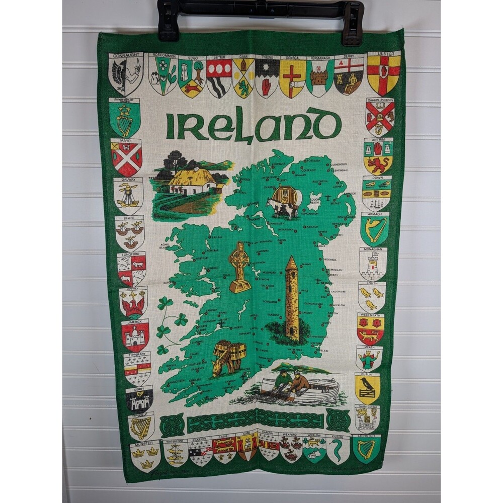 Vintage Fingal Ireland Tea Towel Map With Coat Of Arms Crest Celtic Cross